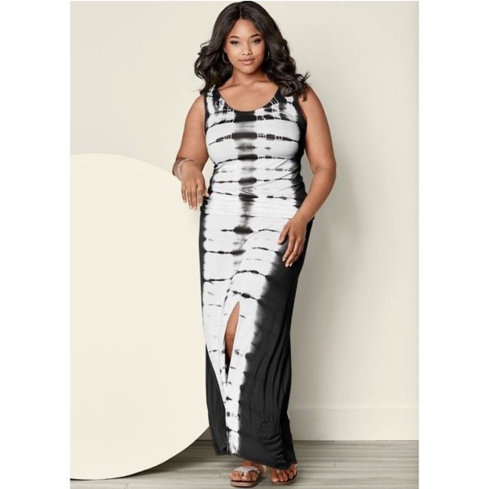 VENUS‎ sleeveless tie-dye knit maxi dress Black White Sz L